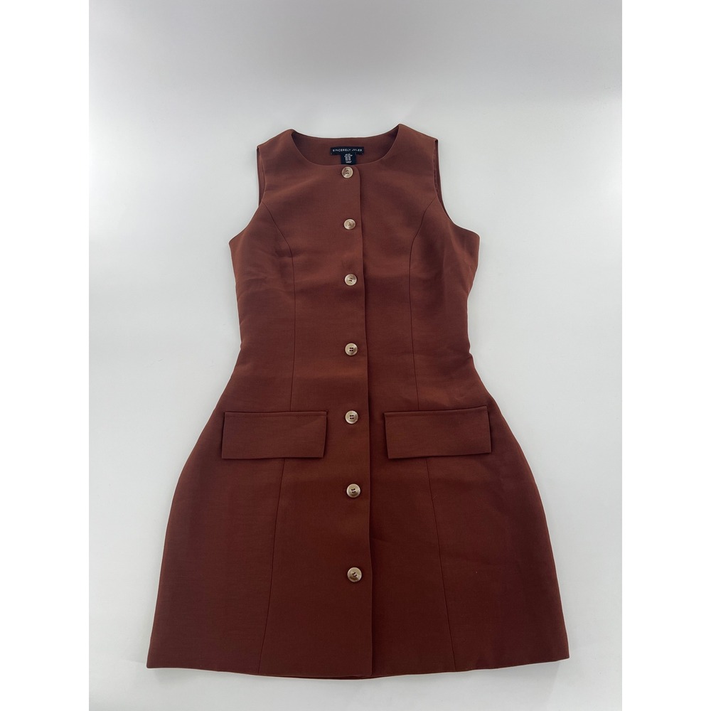 Sincerely Jules Womens Rust Brown Button Front Sleeveless Mini Dress Office chic - Picture 2 of 7